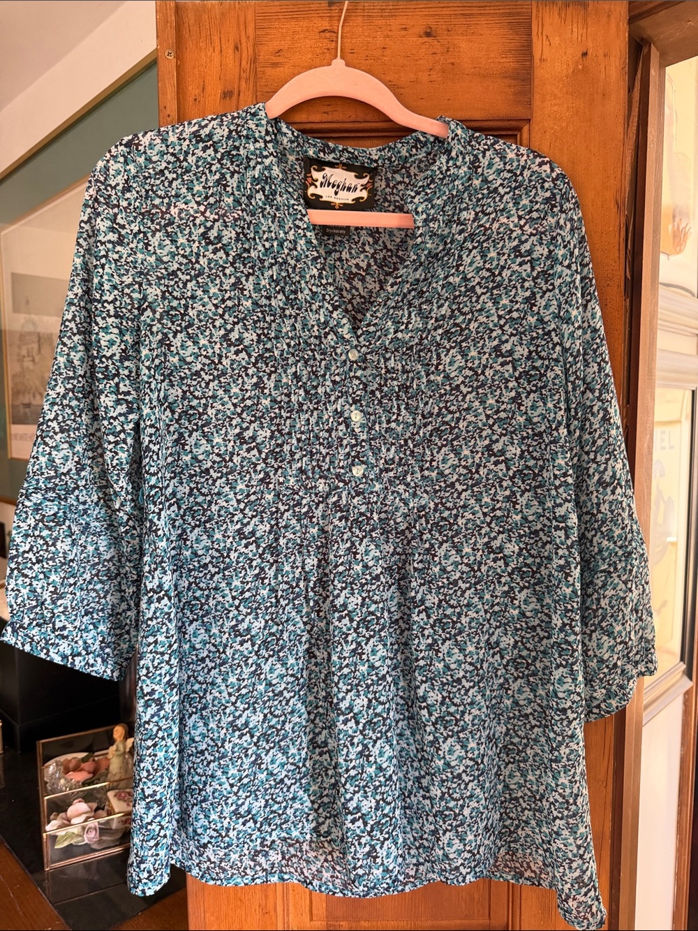 Meghan LA Teal and Navy Floral Buttoned Peasant Blouse